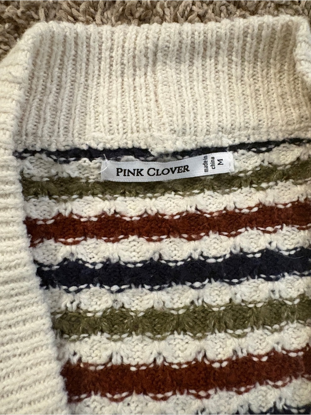 Pink Clover Cream Striped Button-Front Cardigan with Navy, Olive & Rust - Picture 7 of 10